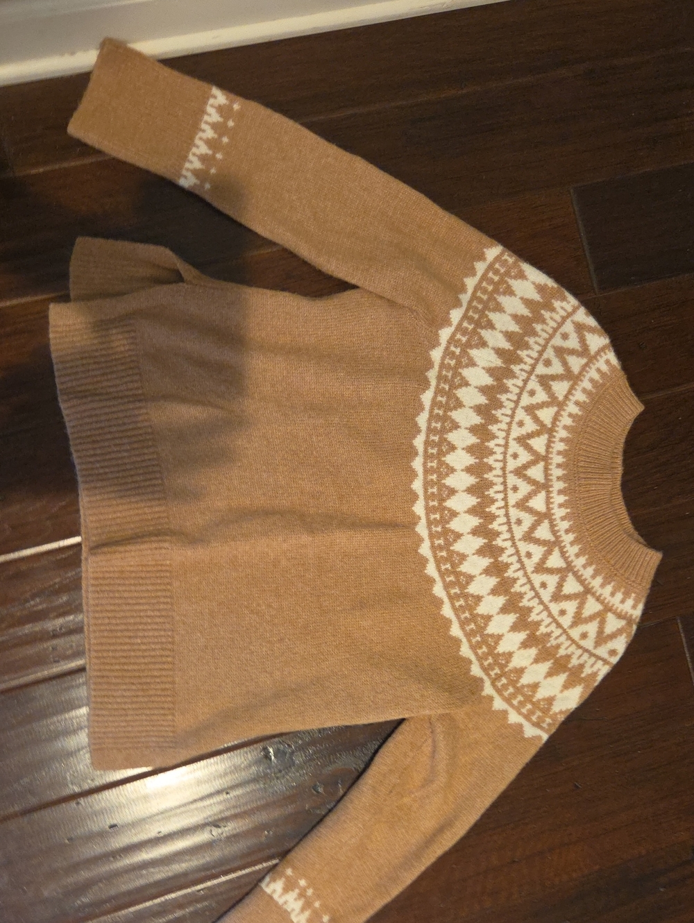 Talbots Camel and White Fair Isle Crewneck Sweater